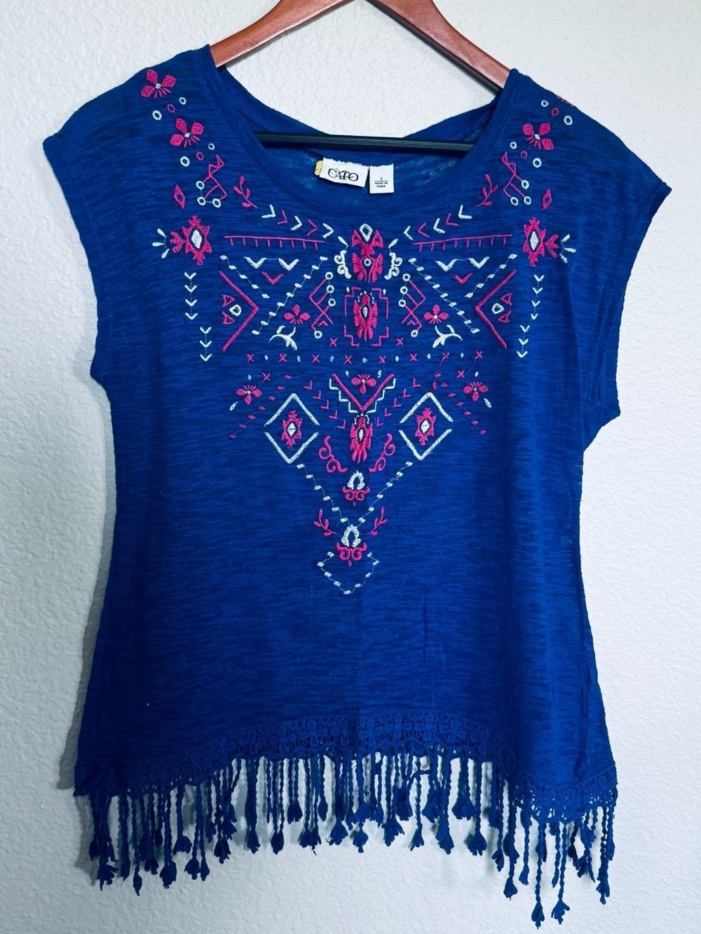 Cato Blue Pink Embroidered Fringe Boho Top S
